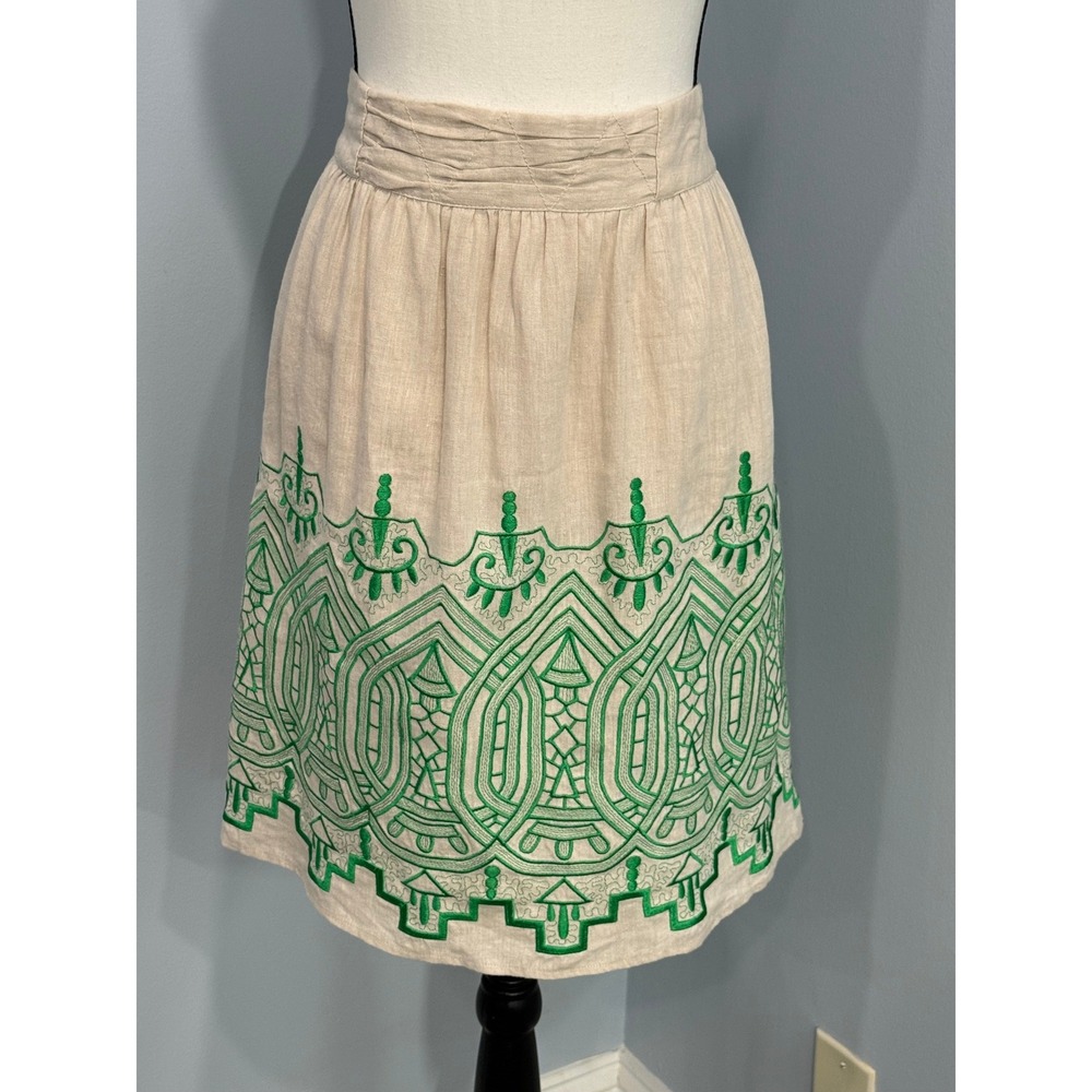 Madison Embroidered Linen Skirt XL Beige Oatmeal Green Soutache Border Boho Chic